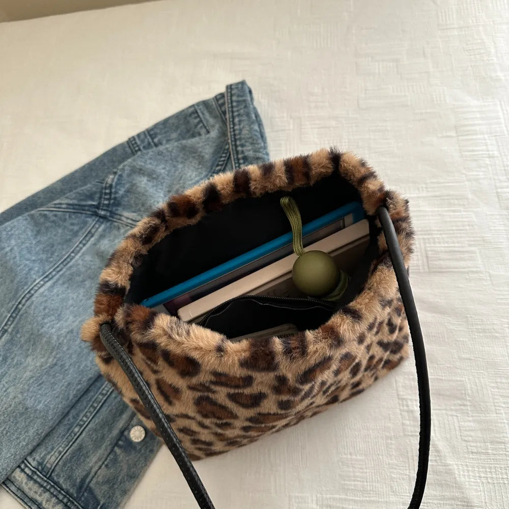 Leopard Print Shoulder Bag Furry Crossbody Spacious Lightweight Stylish Accessory