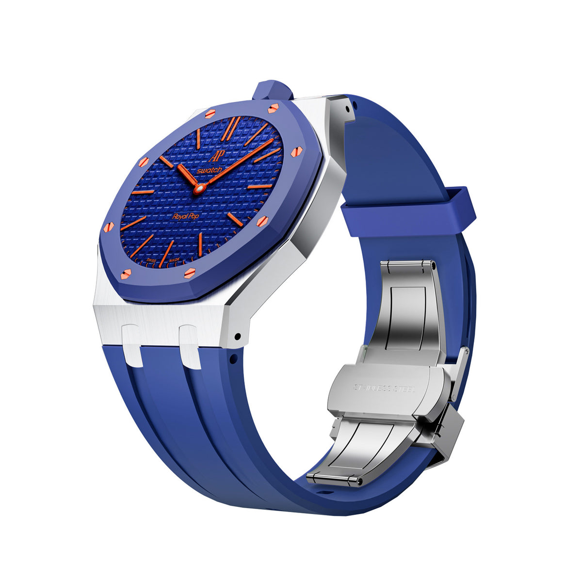 For AP x Swatch Royal Pop Metal Case Silicone Strap 3 12 Crown Steel Clasp