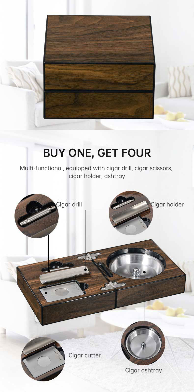 Walnut Wood Cigar Ashtray Set with Cutter Holder Drill Ashtray Compact Design Gift