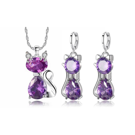 Women’s Cat Shape Jewellery Set Necklace Earrings Jewelry Gift Kitten Dangle
