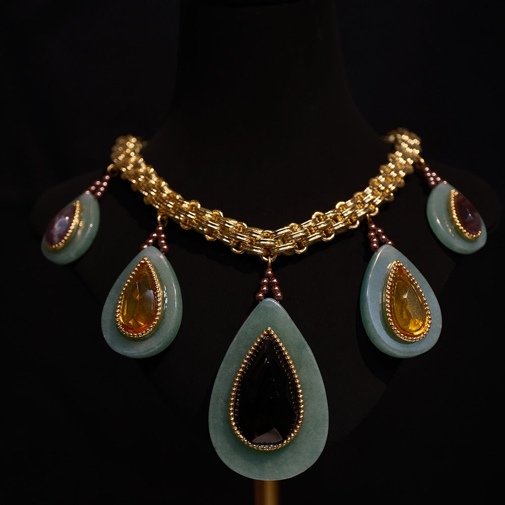 Durable Cuban Link Chain Necklace Green Malachite Stone Inlay Jewellery Piece
