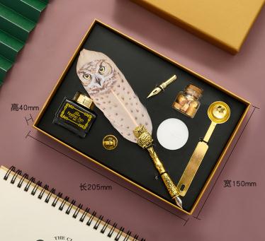Luxury Owl Feather Quill Pen & Ink Set with Retro Seal Stamp & Accessories
