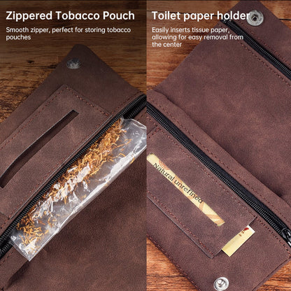 Multifunctional Leather Tobacco Pouch Zippered Foldable Moisture-Retaining