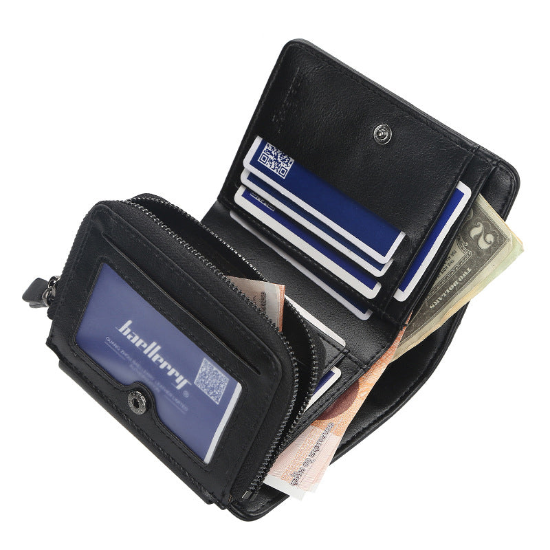 Men's Slim Leather Wallet Three-Fold Multi-Card Secure Zip Pocket RFID Blocking