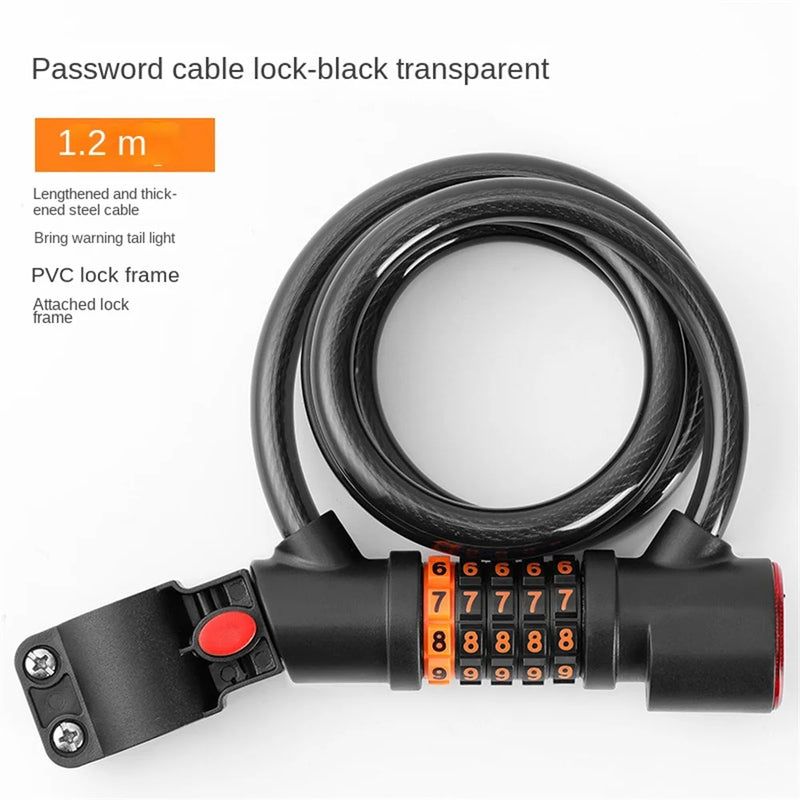 Bike Lock Steel Cable PVC Coated 5-Digit Combination LED Light 260mAh Battery 1.2m