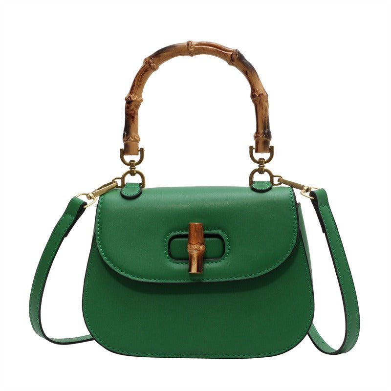 Bamboo Handle Women's Shoulder Handbag Retro Saddle Bag Green Pink