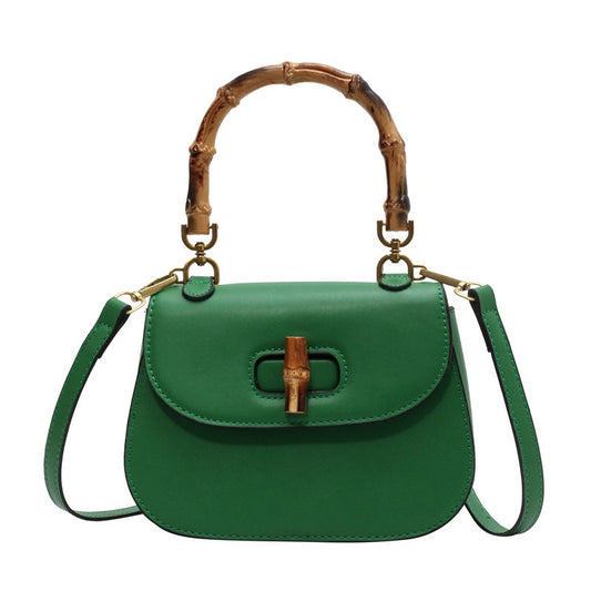 Bamboo Handle Women's Shoulder Handbag Retro Saddle Bag Green Pink