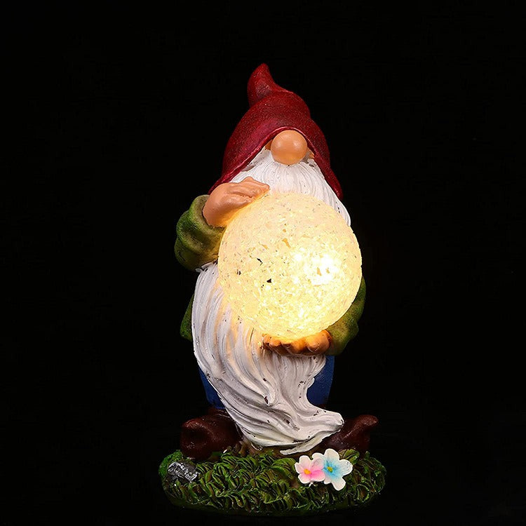 Solar Powered Garden Gnome Sculpture with Illuminating Glass Orb Outdoor Decor