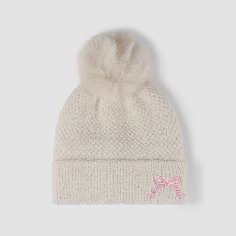 Thermal Knit Hat Pompom Embellishment Winter Accessory Cozy Elegant Headgear