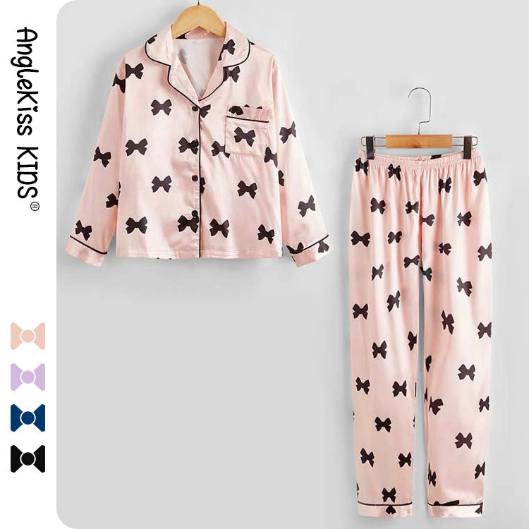 Children's Girls Satin Pyjama Set - Bow Print, 4 Colours, Ages 8-16, Luxury Nightwear