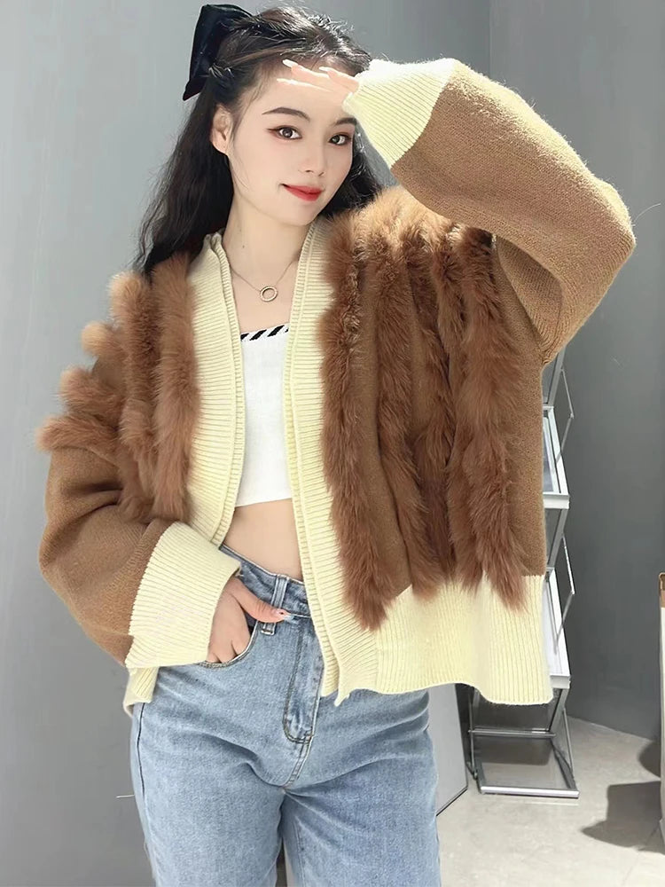 Women's Luxury Premium Faux Fur Oversized Sweater Coat Knitted Cardigan Black Khaki