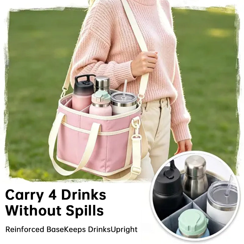 4 Compartment Drink Carrier Bag Adjustable Shoulder Strap Front Pocket Nylon
