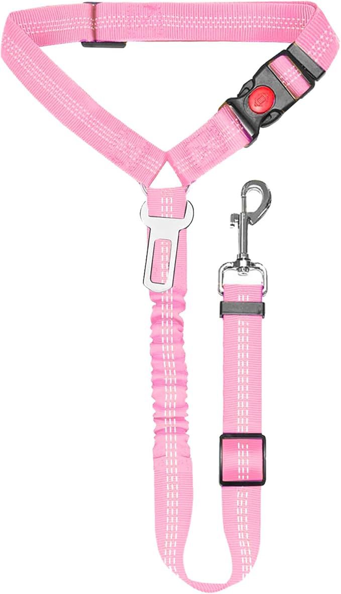 Pet Car Seat Belt | Adjustable Dog Safety Harness with Bungee Buffer, 360° Swivel Clip