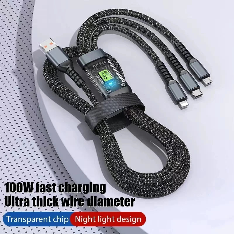 3 In 1 USB 100W Charging CableFast Charging Data Type C Micro For iPhone Android