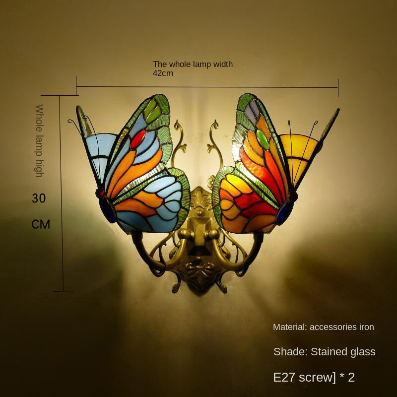 Home Butterfly LED Wall Lamp Stained Glass European Countryside Style Lighting