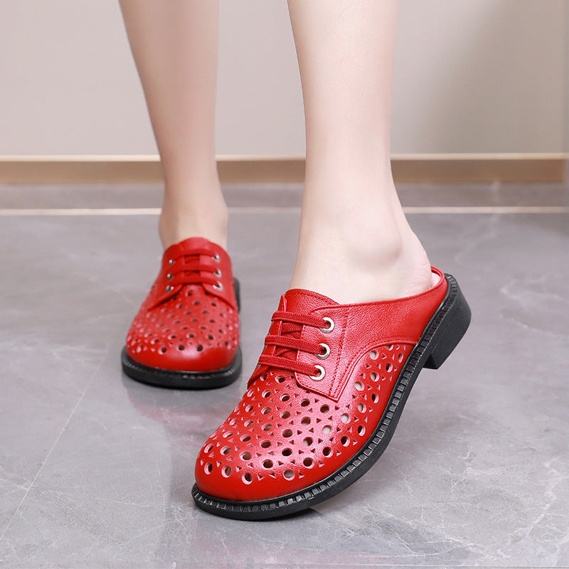 Women’s Leather Hollow-Out Sandals Flat Round Toe Slip-On Mule Shoes Summer