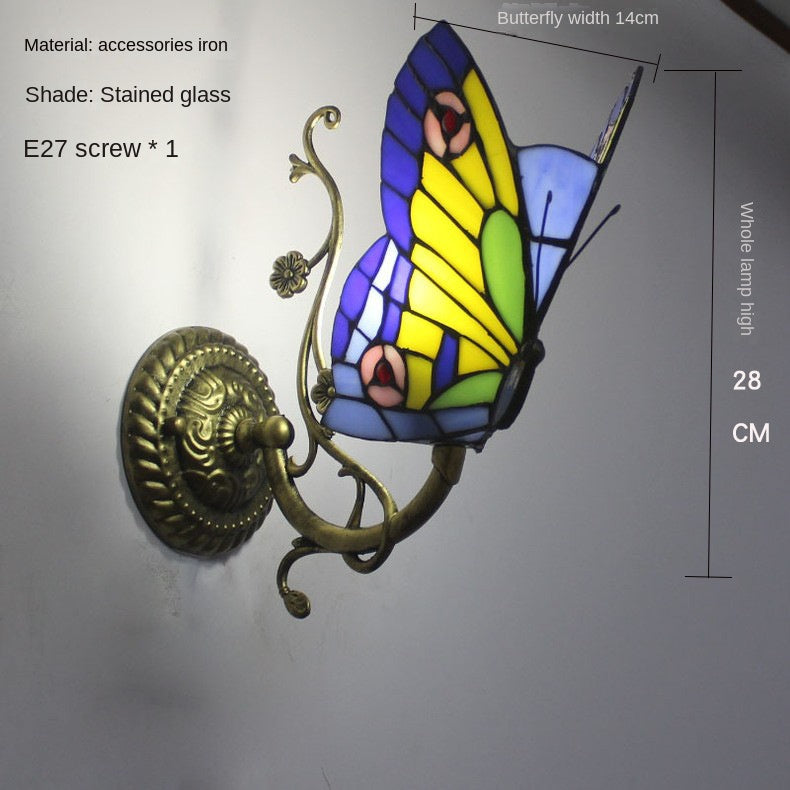 Home Butterfly LED Wall Lamp Stained Glass European Countryside Style Lighting