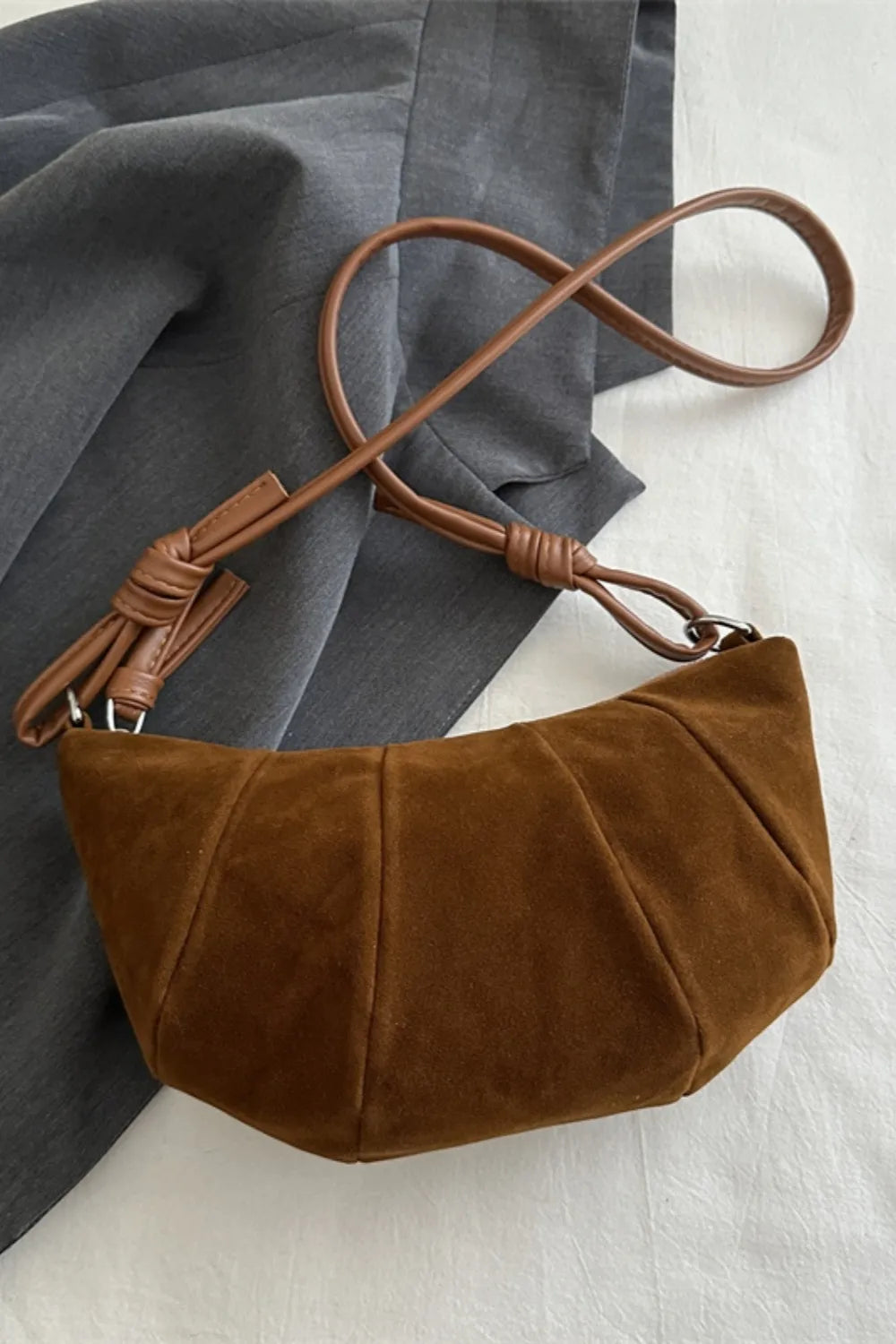 Suede Croissant Shoulder Bag Small Velvet Polyester Zip Strap Handbag 25.5cm