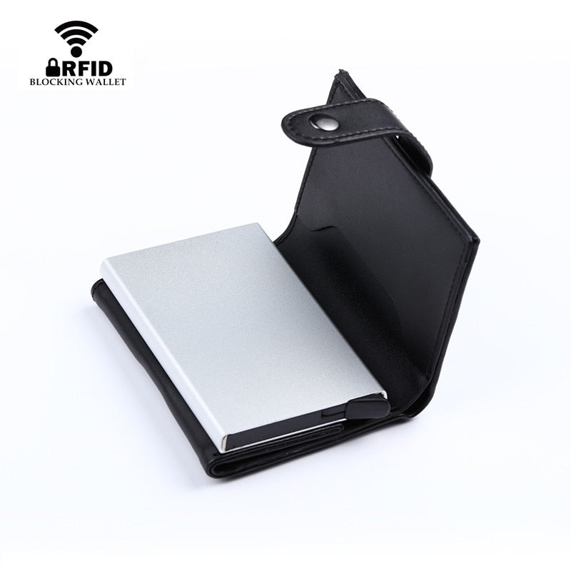 Genuine Leather RFID Card Holder Wallet for Men and Women with Metal Card Case