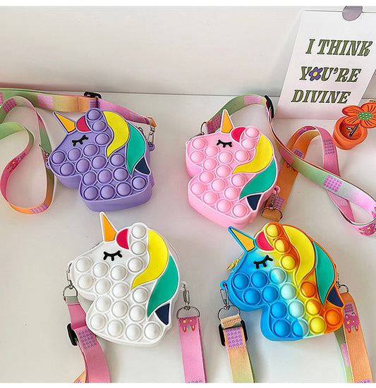 Children's Unicorn Silicone Messenger Bag Pop It Fidget Toy Mini Storage Case