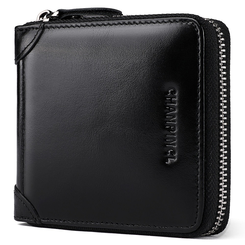 Men's Genuine Leather Zip Wallet Multi-Function Horizontal Style RFID Blocking