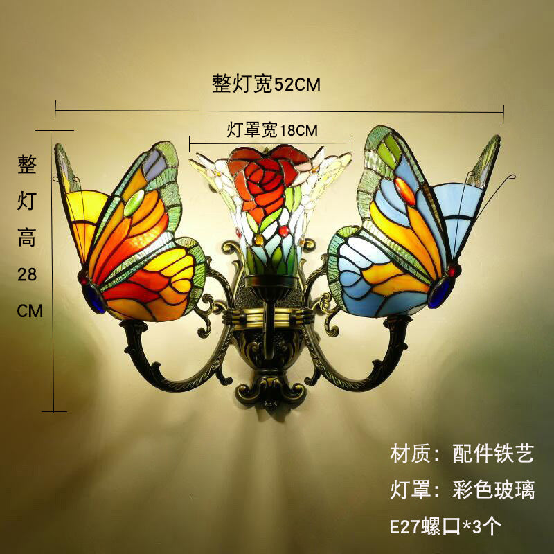 Home Butterfly LED Wall Lamp Stained Glass European Countryside Style Lighting