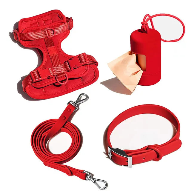 4pc Premium Waterproof PVC Neoprene Pet Harness Leash Collar Bag Dispenser Set