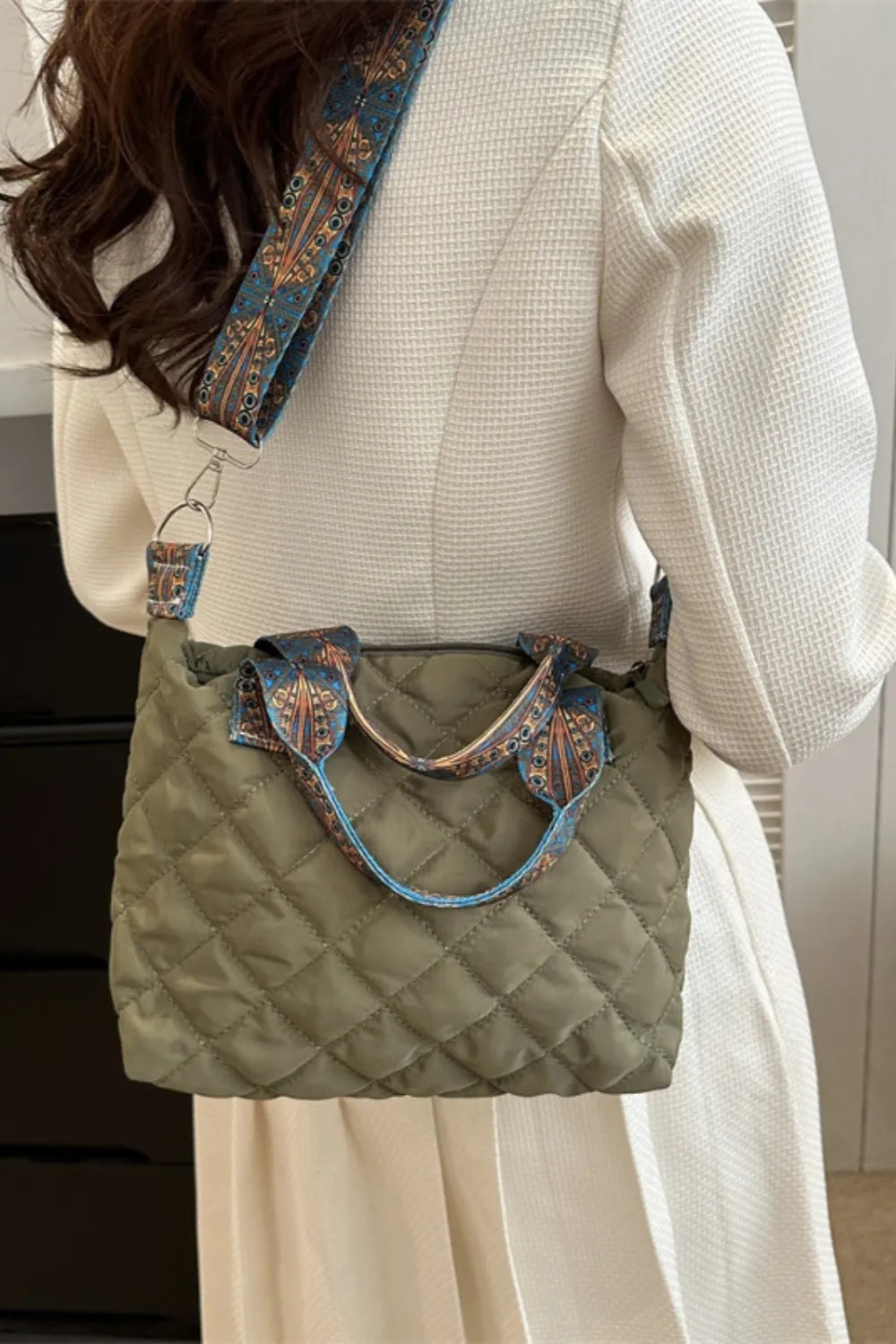 Bubble Quilted Handbag Printed Strap Oxford Cloth Casual Shoulder Bag 34.5cm