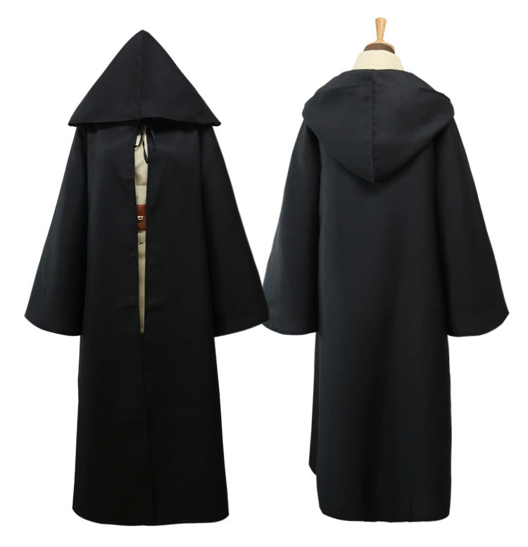 Unisex Black Hooded Fantasy Cloak Robe Cosplay Costume Loose Fit Outfit