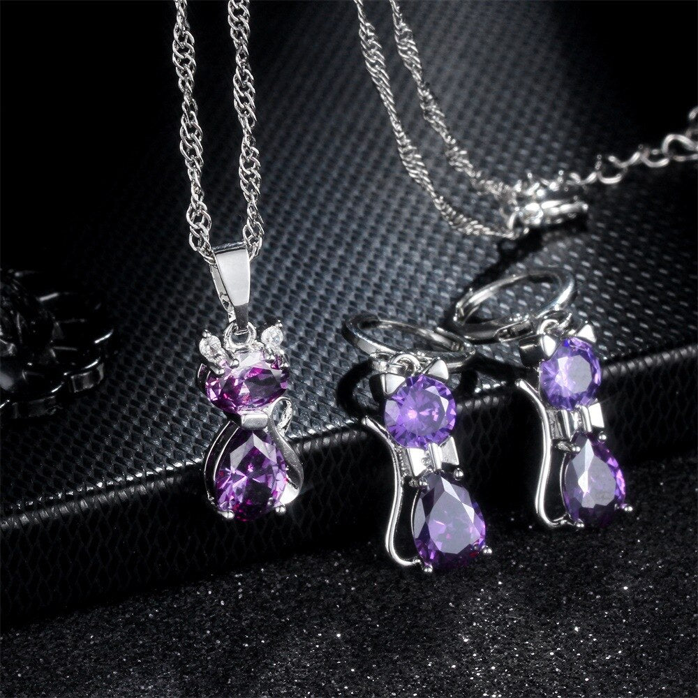 Women’s Cat Shape Jewellery Set Necklace Earrings Jewelry Gift Kitten Dangle