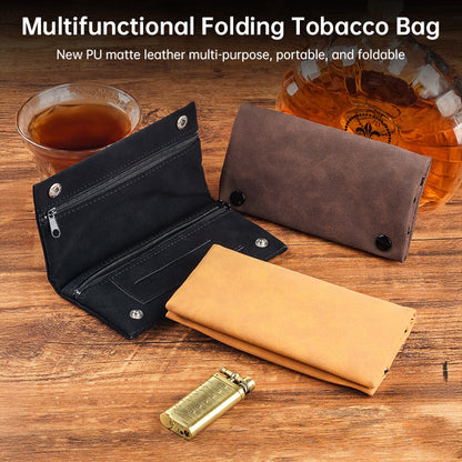 Multifunctional Leather Tobacco Pouch Zippered Foldable Moisture-Retaining