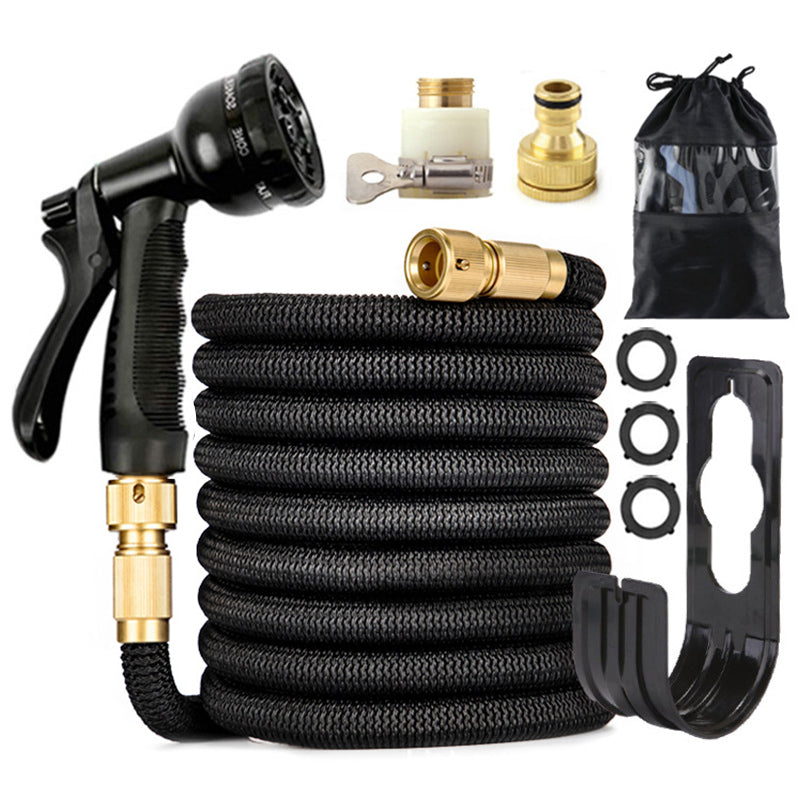 Expandable Garden Hose 25ft 100ft Kink Free Black Adjustable Spray Nozzle Set