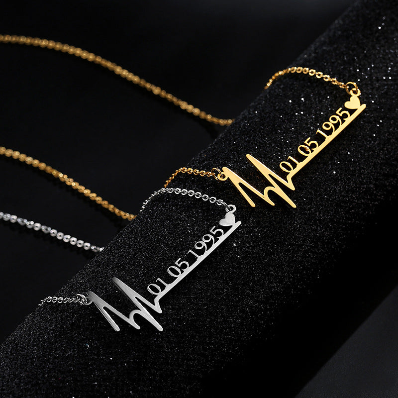 45cm Custom Heartbeat Necklace Date Pendant Stainless Steel Women's Fashion Gift
