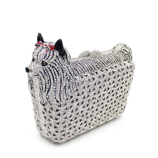 Handmade Austrian Crystal Diamond Dog Puppy Women's Clutch Evening Bag