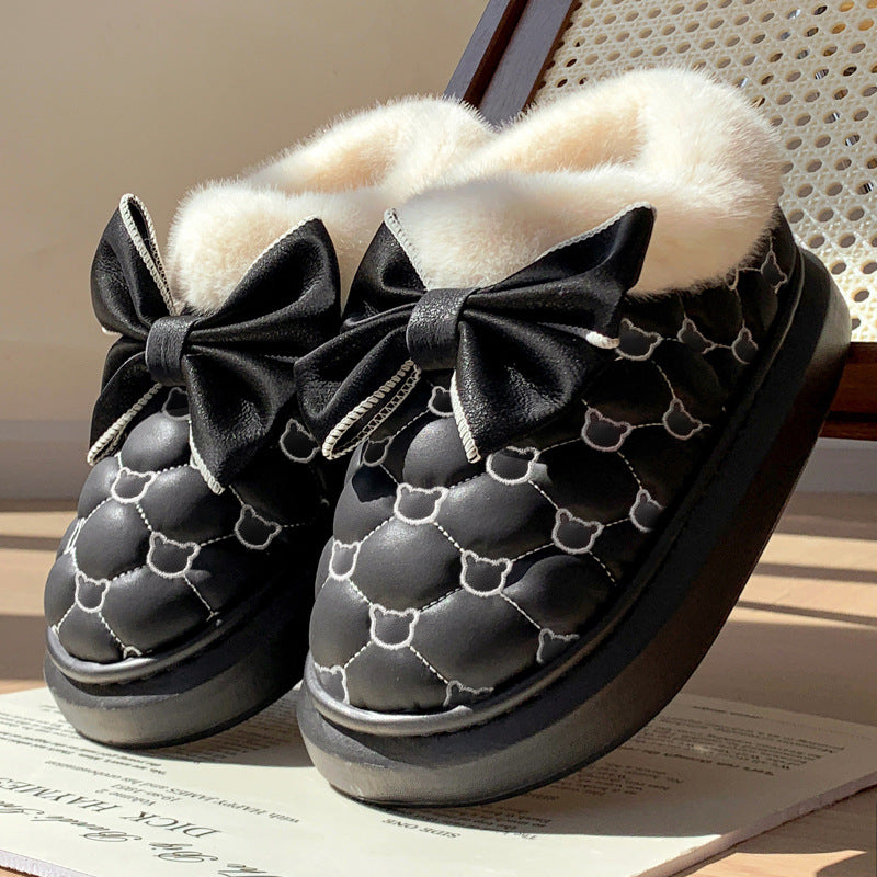 Cute Bow Tie Knot Slippers Warm Cotton Anti-Slip Indoor Shoes Cozy Winter