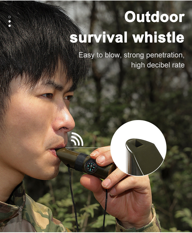 7-in-1 Survival Whistle LED Light Compass Thermometer Outdoor Emergency Gear