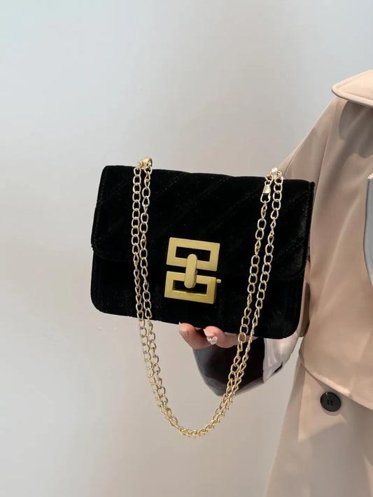 Small Faux Leather Chain Shoulder Bag, Gold-Tone Chain, Crossbody Handbag