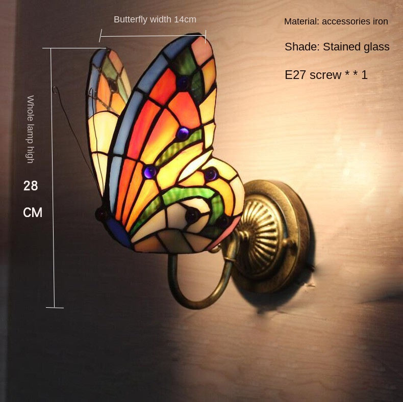Home Butterfly LED Wall Lamp Stained Glass European Countryside Style Lighting