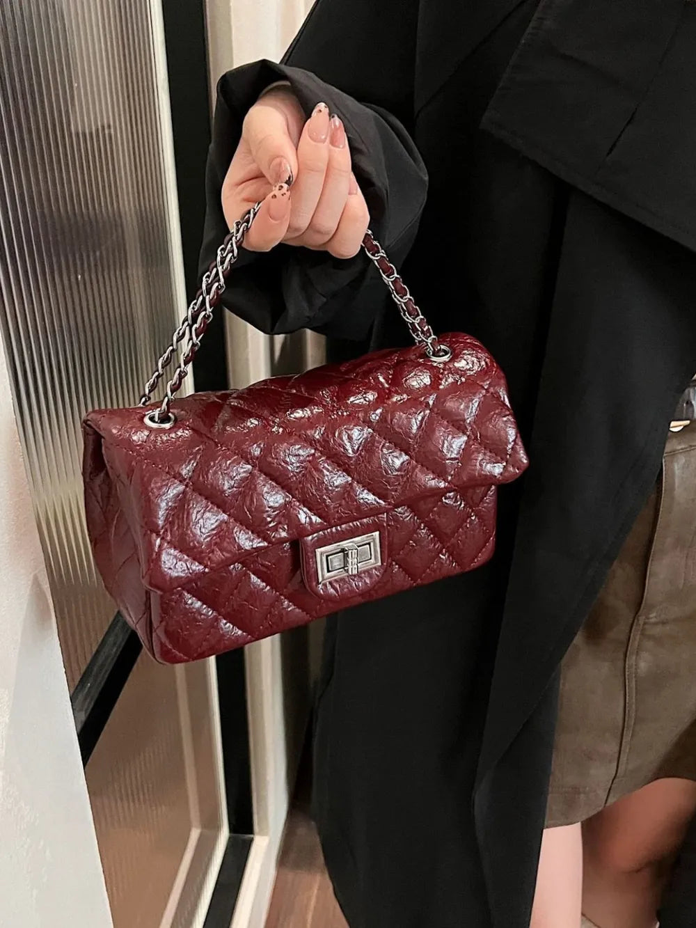 Synthetic Leather Rhombus Pattern Twist Lock Crossbody Shoulder Bag Women's Fashion
