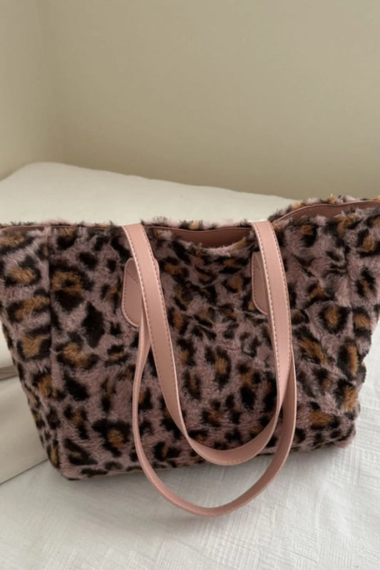 Leopard Print Plush Tote Bag Zippered Shoulder Spacious Polyester Fashionable Stylish