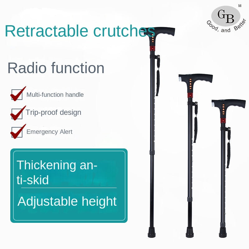 Adjustable Smart Walking Cane Elderly LED Safety Light Alarm Radio Grip Handle