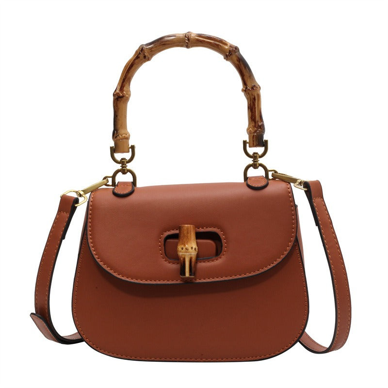 Bamboo Handle Women's Shoulder Handbag Retro Saddle Bag Green Pink
