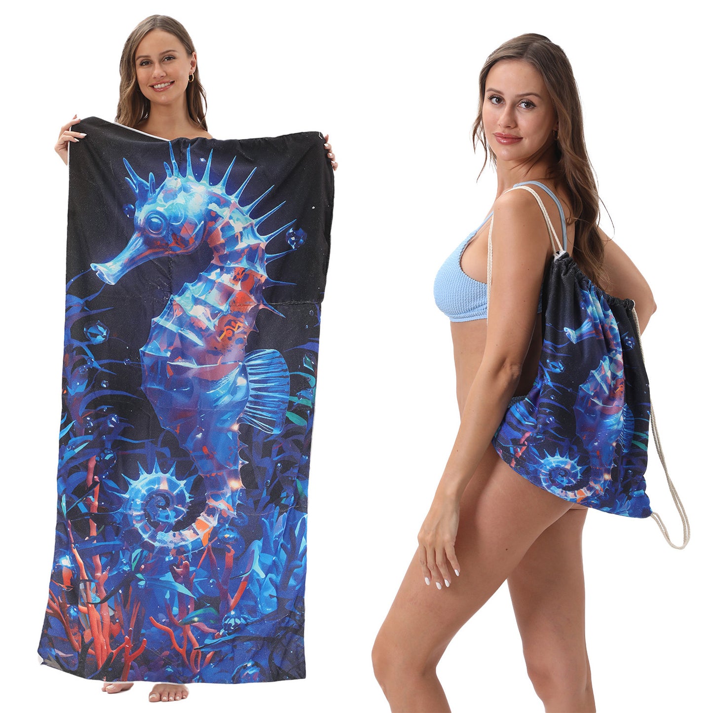 Microfiber Beach Towel Lightweight Quick Drying Pocket 70x140cm Extra Absorbent