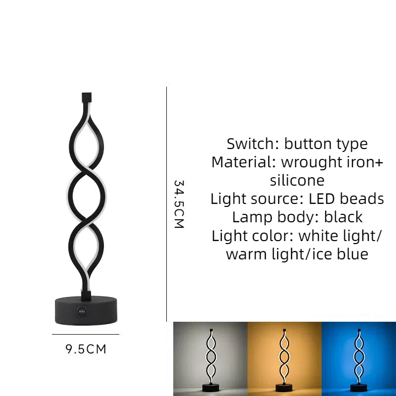Contemporary Spiral LED Table Lamp Bedside Night Light Rechargeable Black 34.5cm