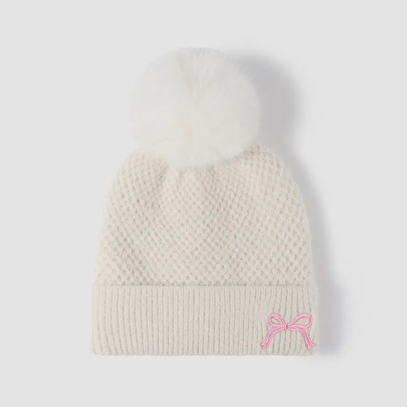 Thermal Knit Hat Pompom Embellishment Winter Accessory Cozy Elegant Headgear