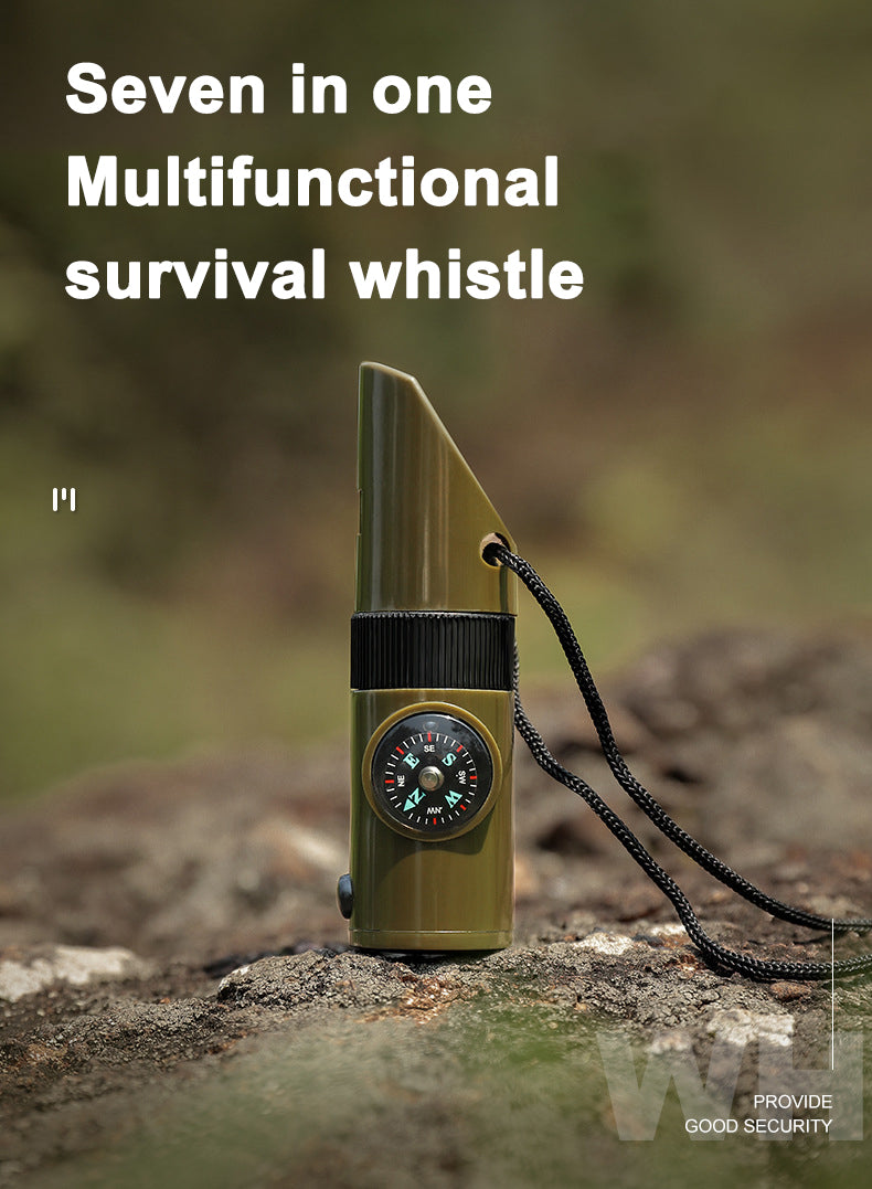 7-in-1 Survival Whistle LED Light Compass Thermometer Outdoor Emergency Gear