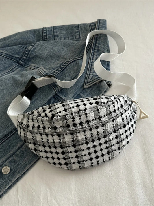 Plaid Wide Strap Crossbody Bag Adjustable Zip Polyester Casual Travel 29.5cm