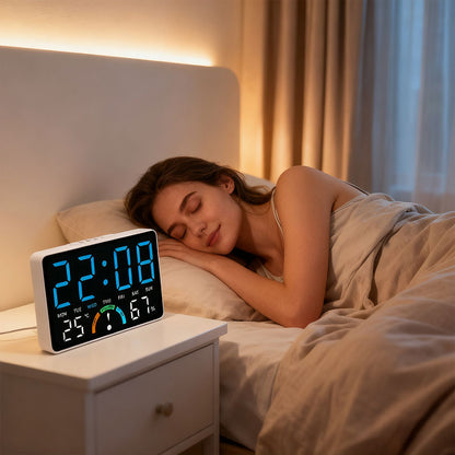 Digital Alarm Clock Temperature Humidity Display Dual Alarms LED Snooze Feature