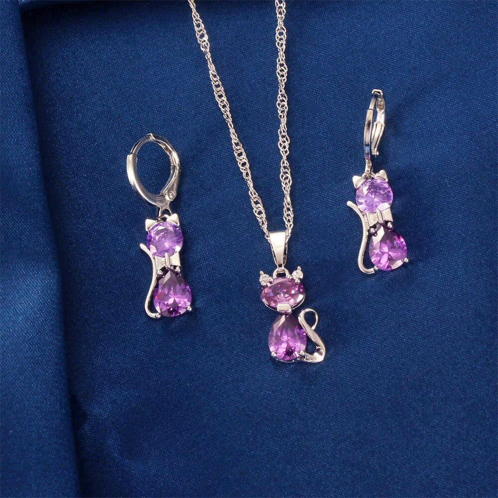 Women’s Cat Shape Jewellery Set Necklace Earrings Jewelry Gift Kitten Dangle