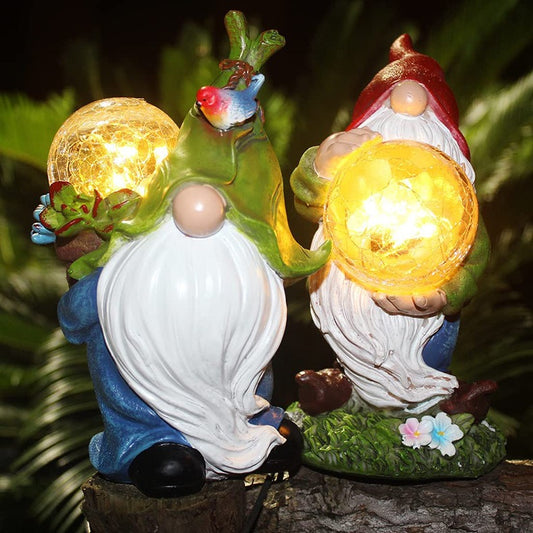 Solar Powered Garden Gnome Sculpture with Illuminating Glass Orb Outdoor Decor